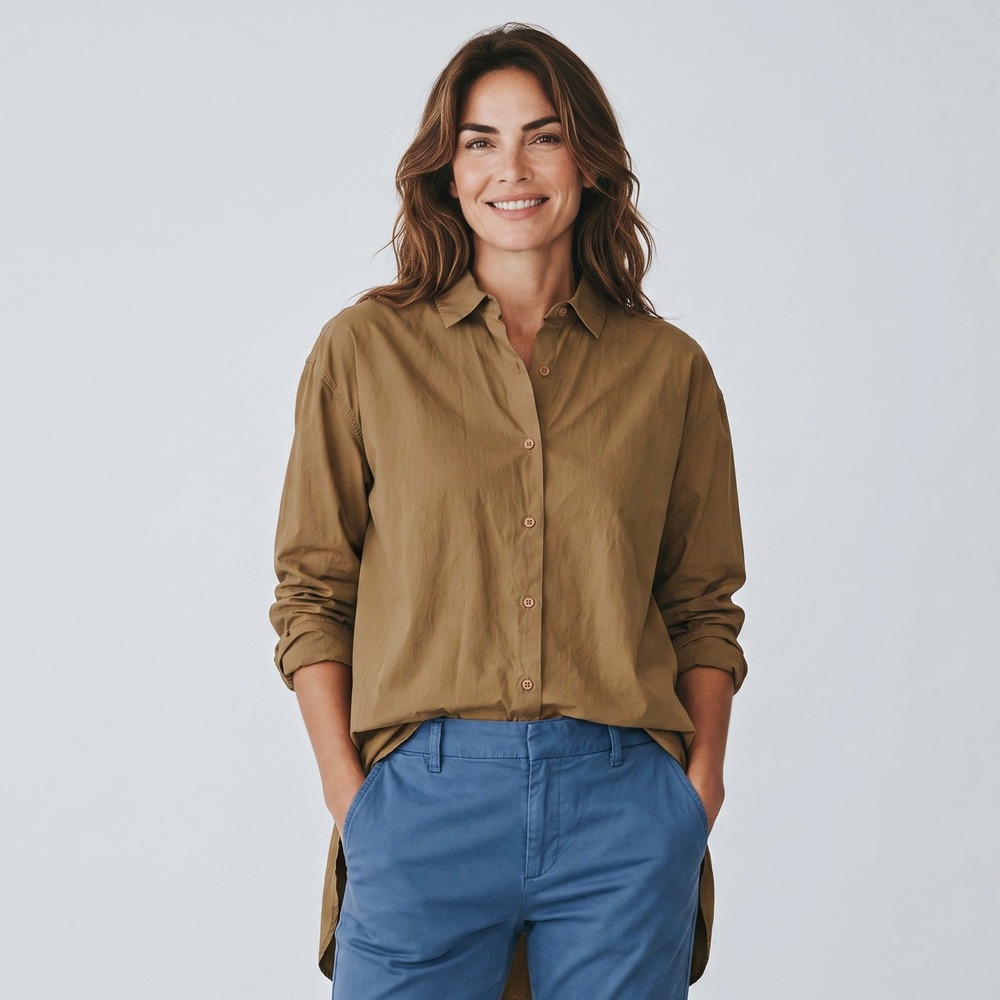 Nili Lotan NL Issue Miles Blouse Womens M Khaki Tan Cotton Poplin Shirt USA